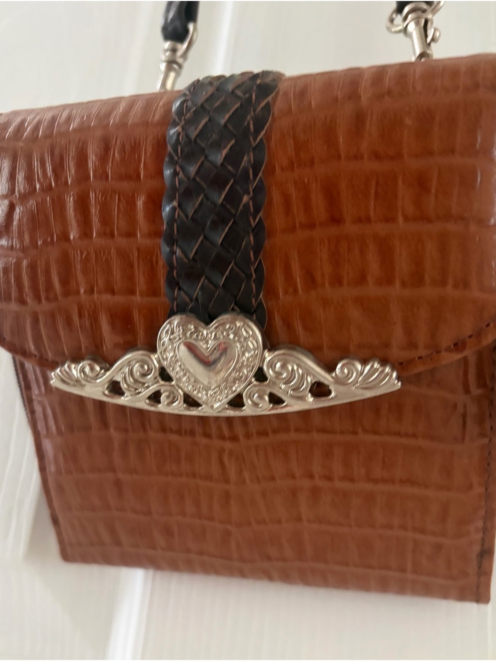 Vintage Brown Croc-Embossed Mini Shoulder Bag Heart Accent